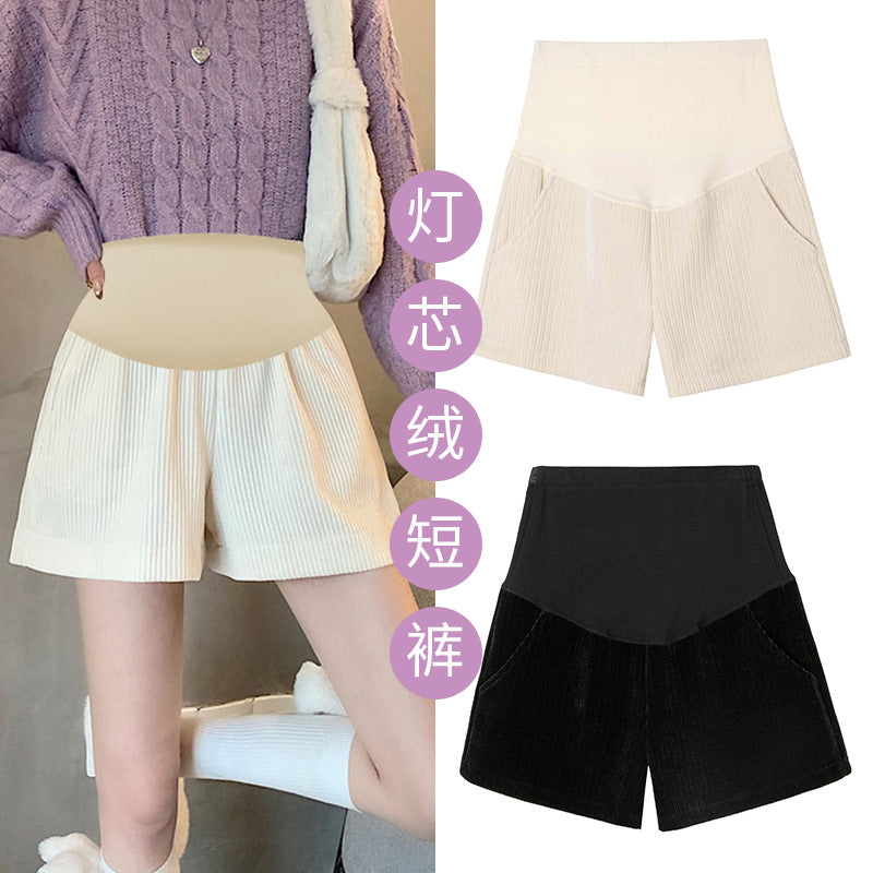 Pregnant women's pants autumn and winter chenille corduroy new shorts with socks pants wide leg shorts