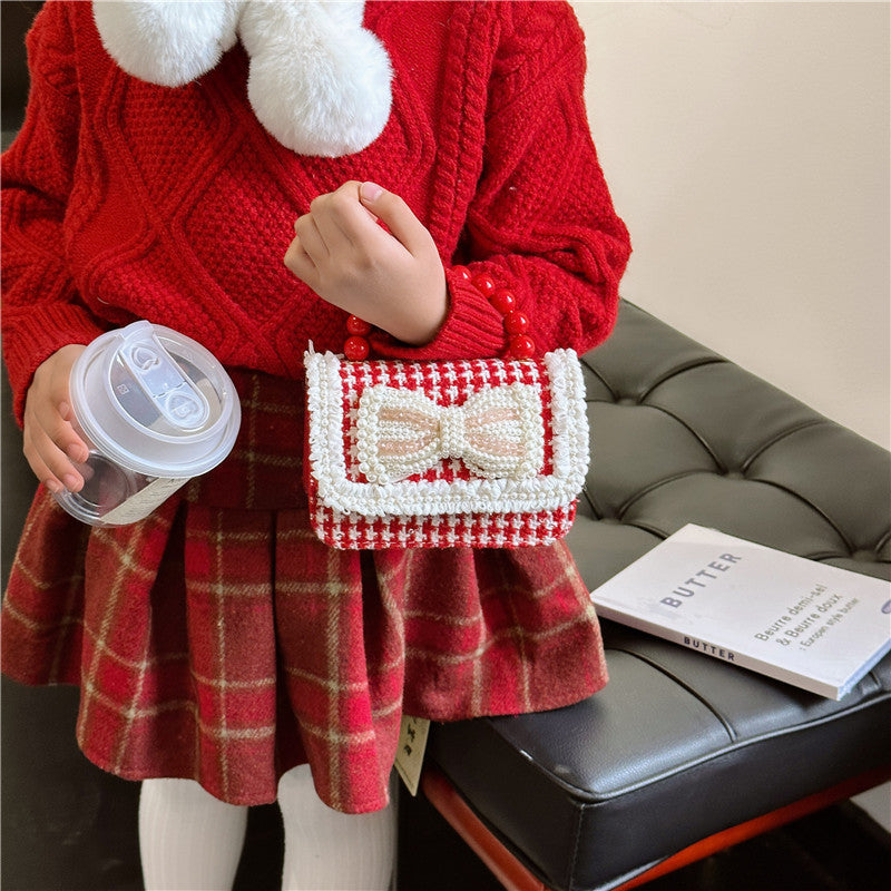 Children's New Year Red Envelope Korean Style Bow Pearl Small Square Bag Princess Shoulder Crossbody Mini Change Accessories Small Bag