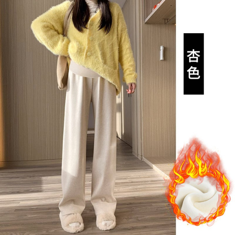 Maternity clothes 2024 autumn and winter New Korean style fashionable cashmere stripe fleece-lined thickened belly support wide-leg pants for pregnant women