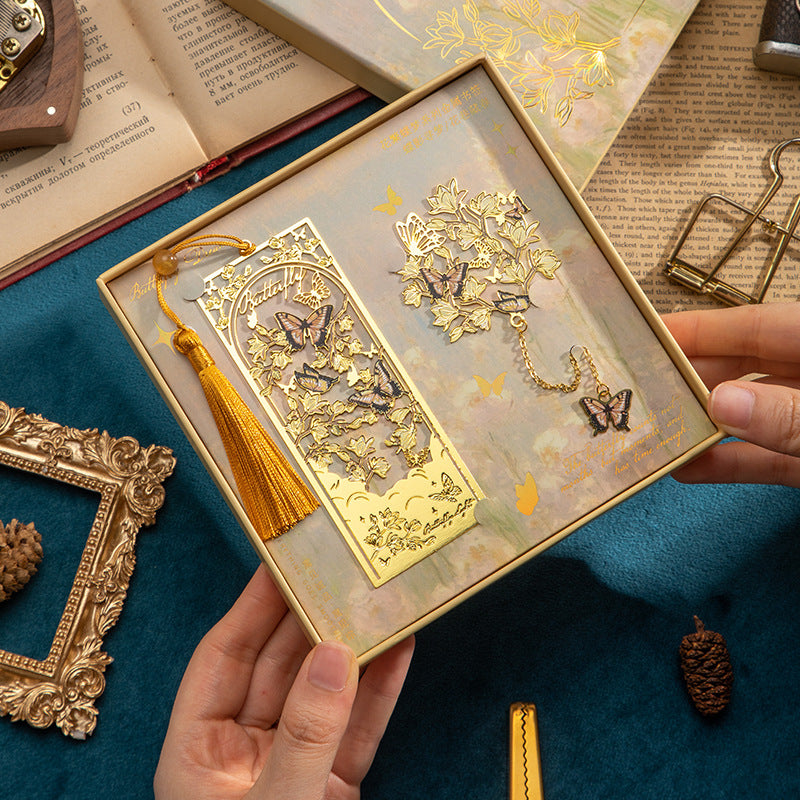 Flower and Butterfly Dream Bookmark Gift Box Creative Cultural and Creative Holiday Gifts Souvenirs High-End Metal Tassel Bookmark Gift Box