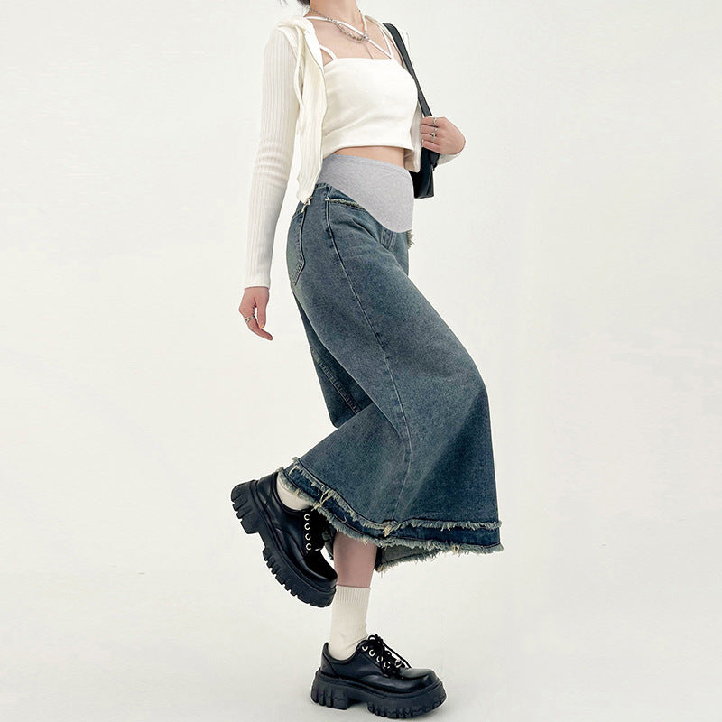 Pregnant women's frayed skirt Denim women's spring and summer high waist pear-shaped mid-length A- line skirt long skirt