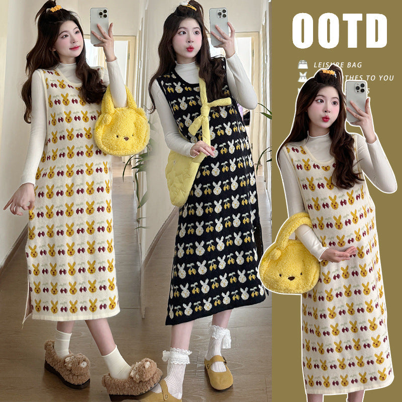 Real Shot in stock Autumn and Winter Base Shirt Loose Age-reducing Cute Rabbit Knitted Vest Dress Trendy Mom Two-piece Set