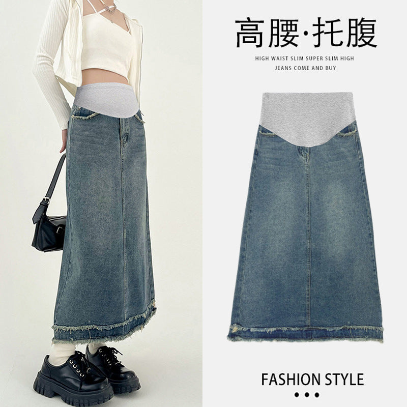 Pregnant women's frayed skirt Denim women's spring and summer high waist pear-shaped mid-length A- line skirt long skirt