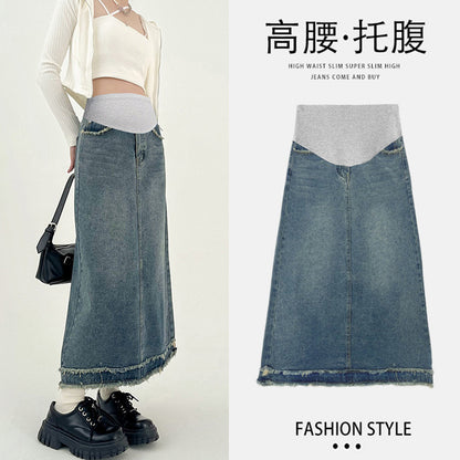 Pregnant women's frayed skirt Denim women's spring and summer high waist pear-shaped mid-length A- line skirt long skirt