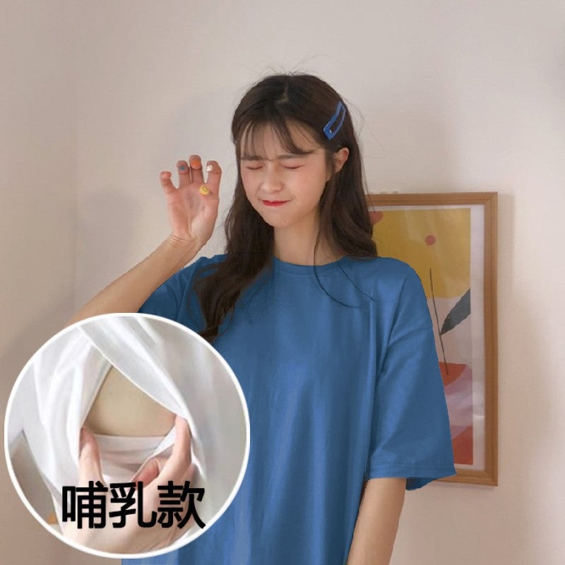 Maternity Breastfeeding T-shirt Summer Short-sleeved Mid-length 2023 New Loose plus size Breastfeeding Moon Dress