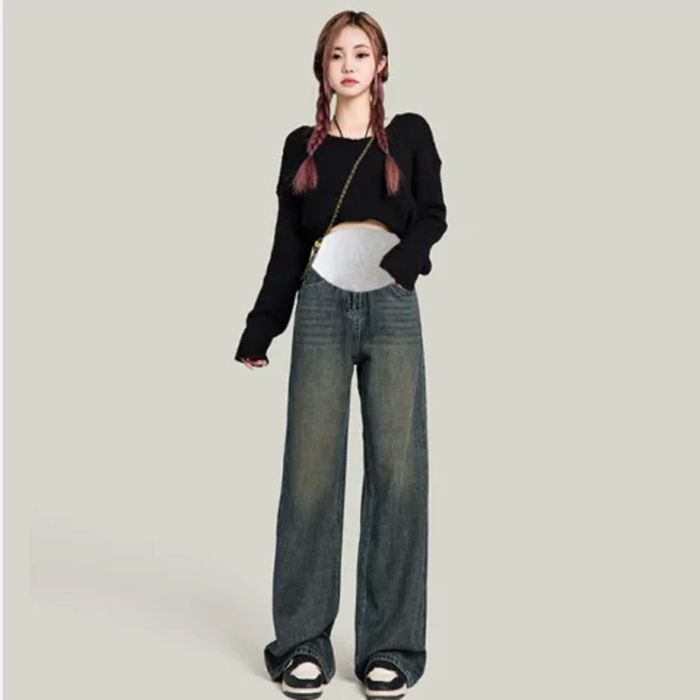 2025 Spring New All-match Pregnant Women Jeans Spring Loose Straight Outer Wide-leg Trousers Pregnant Women's Spring Wear