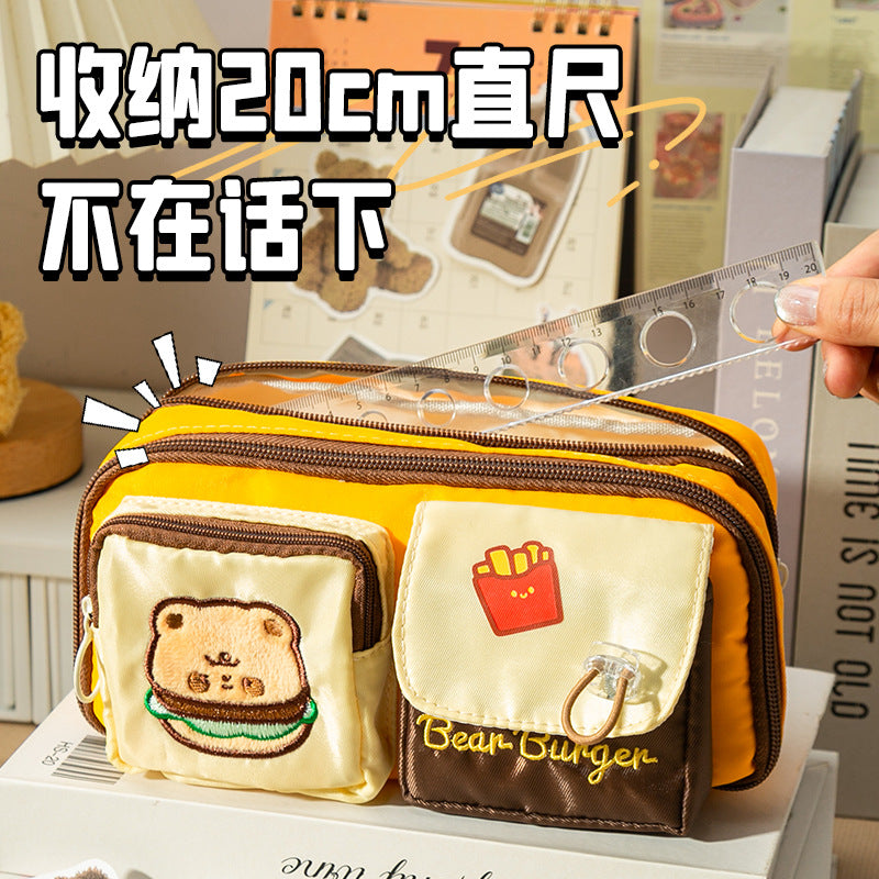 Bear Burger Pencil Case New Design Large Capacity Stationery Box Girls Niche High-Looking Student Cute Pencil Case