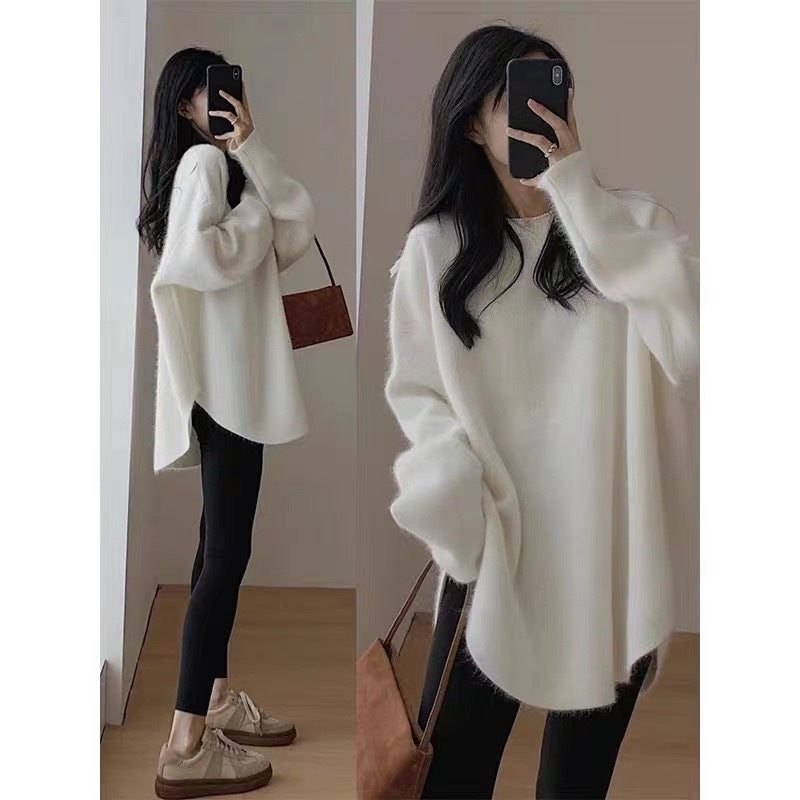 2025 Maternity Sweater Long-Sleeved Top, Lazy Style Loose Round Neck Autumn and Winter New Style Side Slit Loose Top