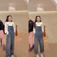 Fashion Maternity New Multi-Pocket Adjustable Pregnant Women's Denim Strappers Lace Doll Collar Shirt Set