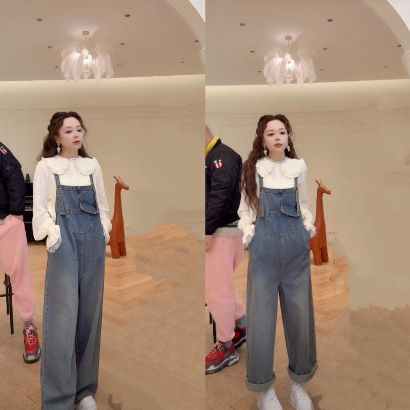 Fashion Maternity New Multi-Pocket Adjustable Pregnant Women's Denim Strappers Lace Doll Collar Shirt Set