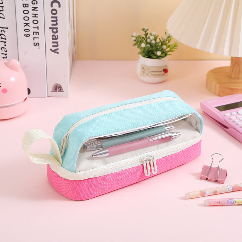 Large-Capacity Durable and Washable Student Stationery Oxford Cloth Storage Bag Transparent Square and Round Pencil Bag Multi-Layer Portable Pencil Bag