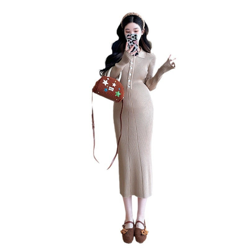 Internet Celebrity Maternity Dress Fashion Elegant Slimming Mid-length Knitted New Solid Color Lapp Fashion Pregnant Women dress