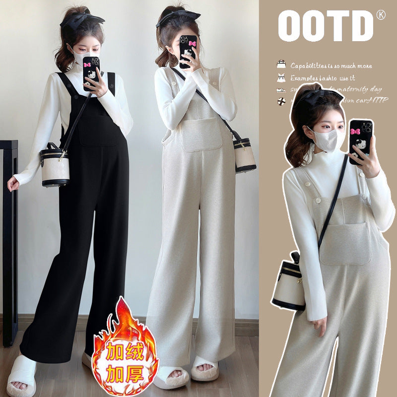 Real shot fleece-lined pregnancy fashion autumn and winter pregnant women's suspenders fleece-lined thickened plus size pregnant women's suit wide leg pants