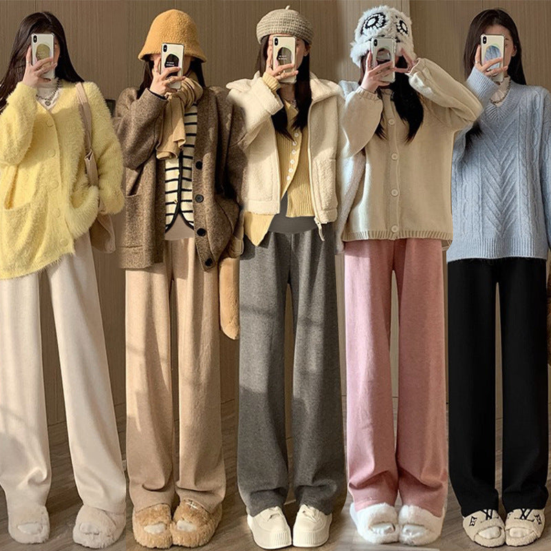 Maternity clothes 2024 autumn and winter New Korean style fashionable cashmere stripe fleece-lined thickened belly support wide-leg pants for pregnant women