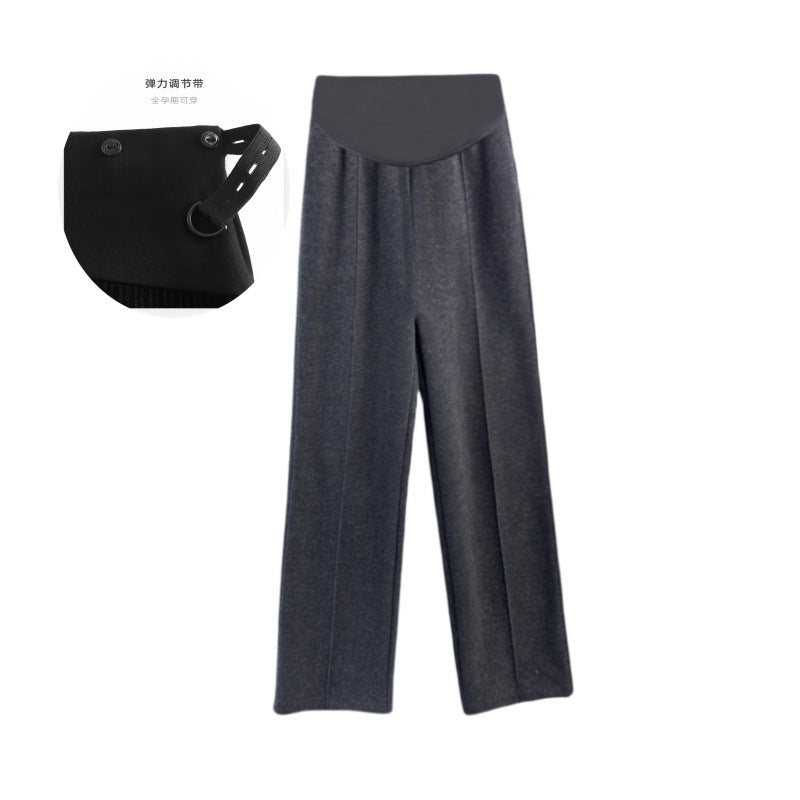 Maternity Pants, Autumn and Winter Style, Woolen, Thickened, Wide-Leg Pants for Outer Wear, High-Waisted, Belly-Supporting, Plus-Size, Straight-Leg, Casual Long Pants with Fleece Lining