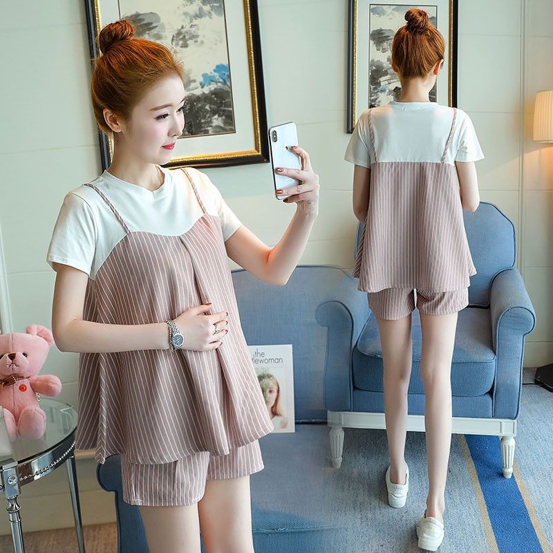 Pregnant women's clothing spring and summer striped two-piece suit 2022 new belly pants short sleeve loose pregnant women's T-shirt top tide