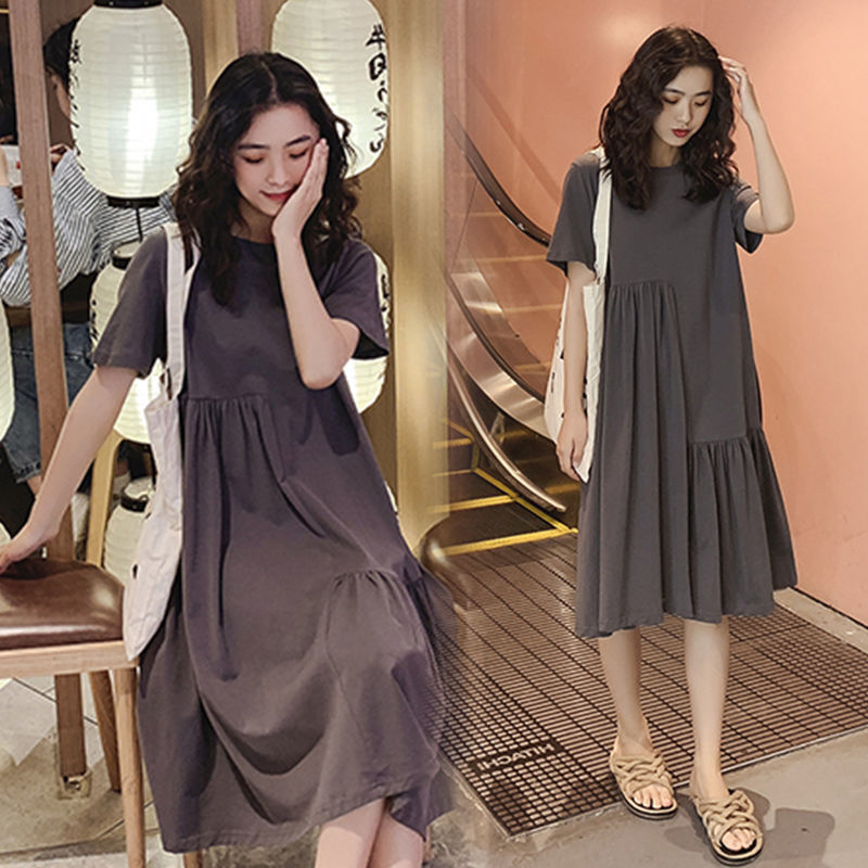 Maternity Wear Summer Dress Summer Loose Short-Sleeved Skirt Asymmetrical Mid-Length Trendy Mom Maternity Dress Summer Skirt