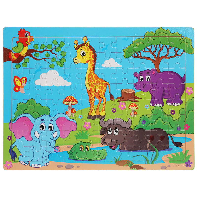 Wooden 80 Pieces Puzzle Toddler Cartoon Dinosaur Animal Plane Puzzle Baby Early Education and Intelligence Building Blocks Toy