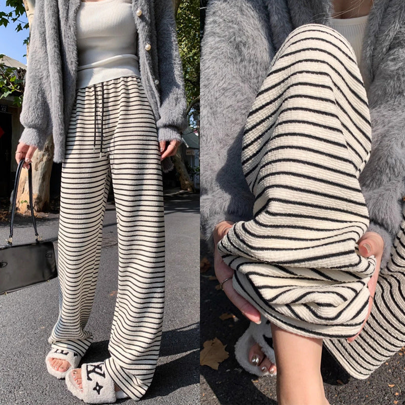 Maternity fleece-lined Black and White Striped Towel Velvet Wide Leg Pants Autumn and Winter New Loose Drawstring Sports Pants Casual Pants