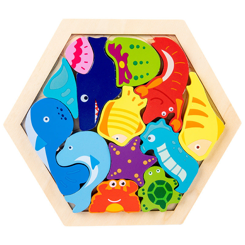 Cross-Border Children's Wooden Three-Dimensional Hexagonal Puzzle Animal Transportation Puzzle Building Blocks Early Education Educational Toys