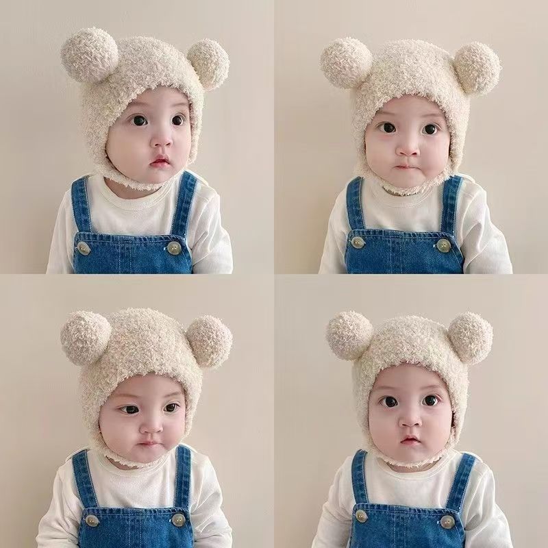 Korean Style Ins Autumn and Winter New Baby Ear Protection Cap Warm Cold-proof Cap Comfortable Baby Double Ball Soft Waxy Baotou Cap Trendy
