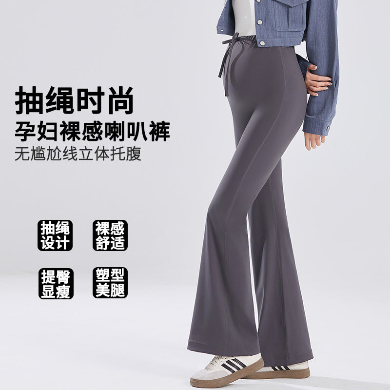 Pregnant Women's Pants Spring and Autumn Outer Wear Fashionable Slim-fit Autumn Shark Skin Flared Pants Drawstring Belly Yoga Pants Autumn Wear