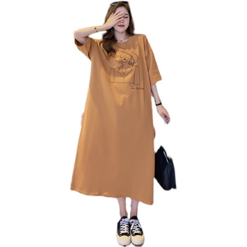 Maternity Summer New Korean Loose Long dress Western Style Over-the-knee T-shirt chubby girl Base Dress