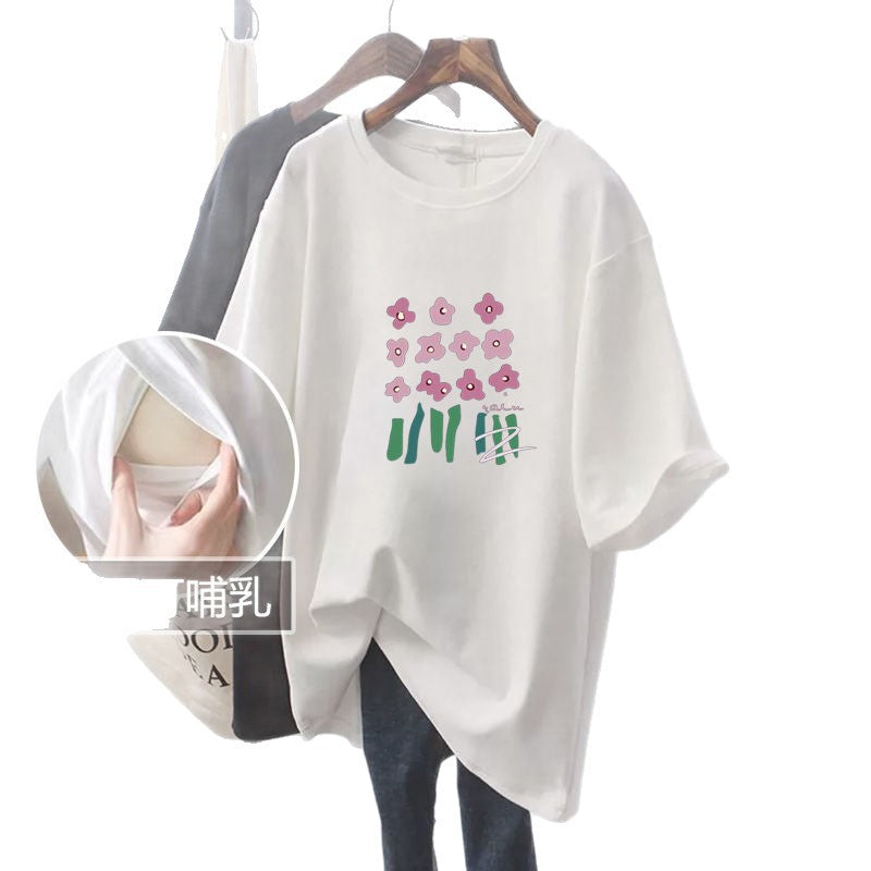 Breastfeeding Clothes Summer Outgoing Fashion Mid-length T-shirt Breastfeeding Top Side Opening Temperament Hot Mom Breastfeeding Clothes