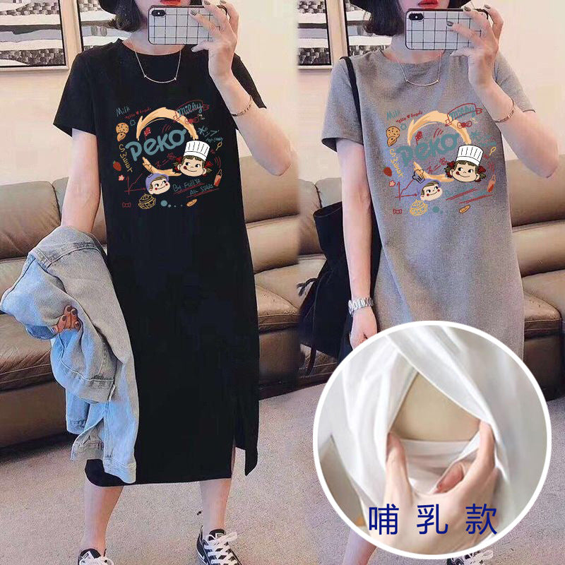 Breastfeeding Dress for Hot Moms When Going Out in Summer, Fashionable Cartoon T-Shirt Skirt, Breastfeeding Clothes, Maternity Clothes, Summer Clothes