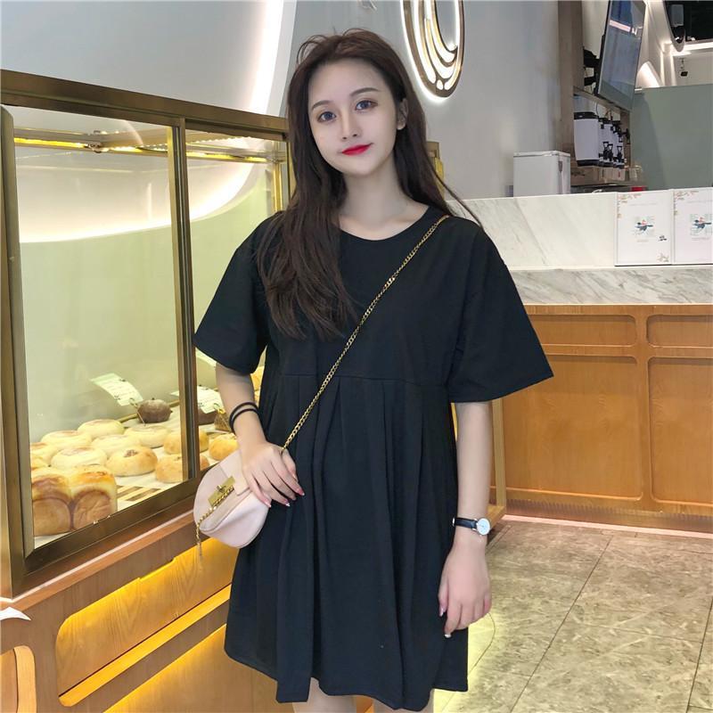 Maternity dress 2025 Summer Korean Loose plus size Slimming Sweet Short Sleeve Retro Long A- line Dress