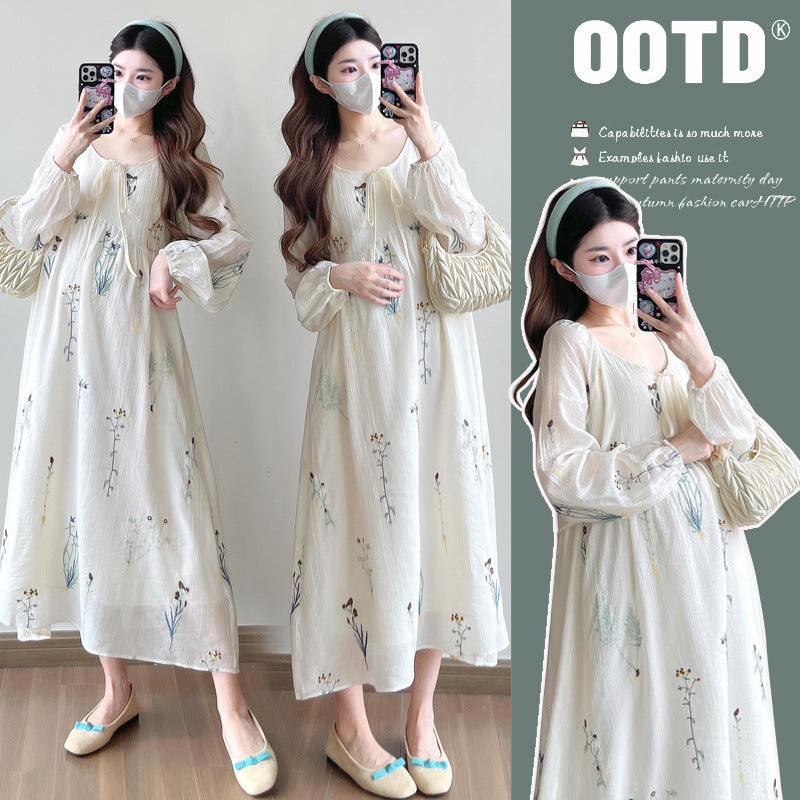 Spring 2025 new French flower heavy embroidery temperament waist pregnant women dress