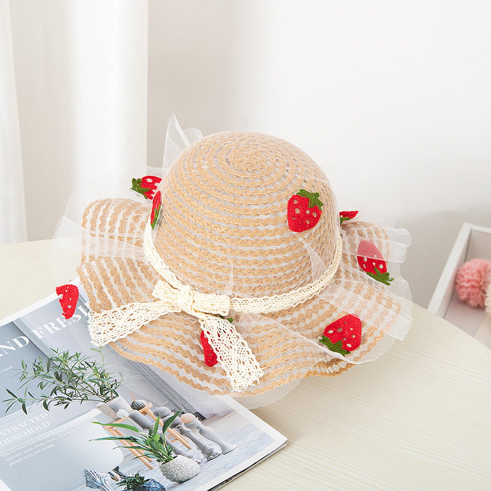 Summer Children's Sunscreen Hat Girls Baby Cute Sun Hat Strawberry Mesh Straw Hat Big Brim Beach Sun Hat
