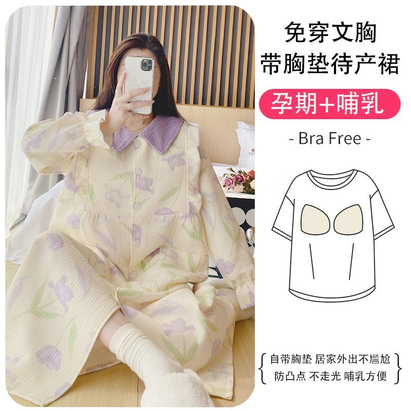Lunar Clothing Spring and Autumn Air Cotton Thick Postpartum Breastfeeding dress Doll Collar Pregnant Women Pajamas for Outer Wear
