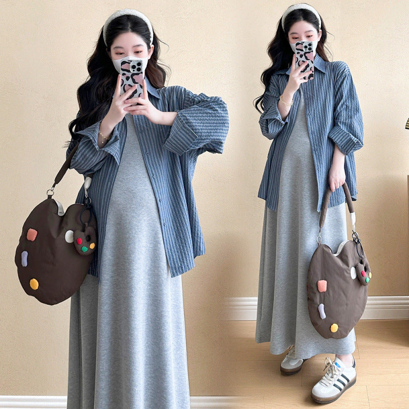 Maternity Dress Summer Style 2025 New Early Autumn Lazy Style Suit Shirt Two-Piece Set Vest Long Skirt Spring and Autumn
