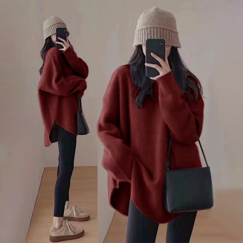 2025 Maternity Sweater Long-Sleeved Top, Lazy Style Loose Round Neck Autumn and Winter New Style Side Slit Loose Top