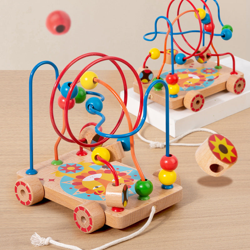 Children's Early Education Second-Line and Third-Line Bead Puzzle Beaded Hand-Eye Coordination Animal Maze Track Trailer Wooden Toy
