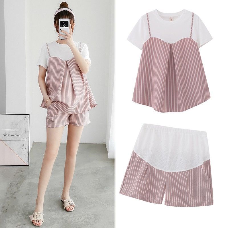 Pregnant women's clothing spring and summer striped two-piece suit 2022 new belly pants short sleeve loose pregnant women's T-shirt top tide