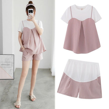 Pregnant women's clothing spring and summer striped two-piece suit 2022 new belly pants short sleeve loose pregnant women's T-shirt top tide
