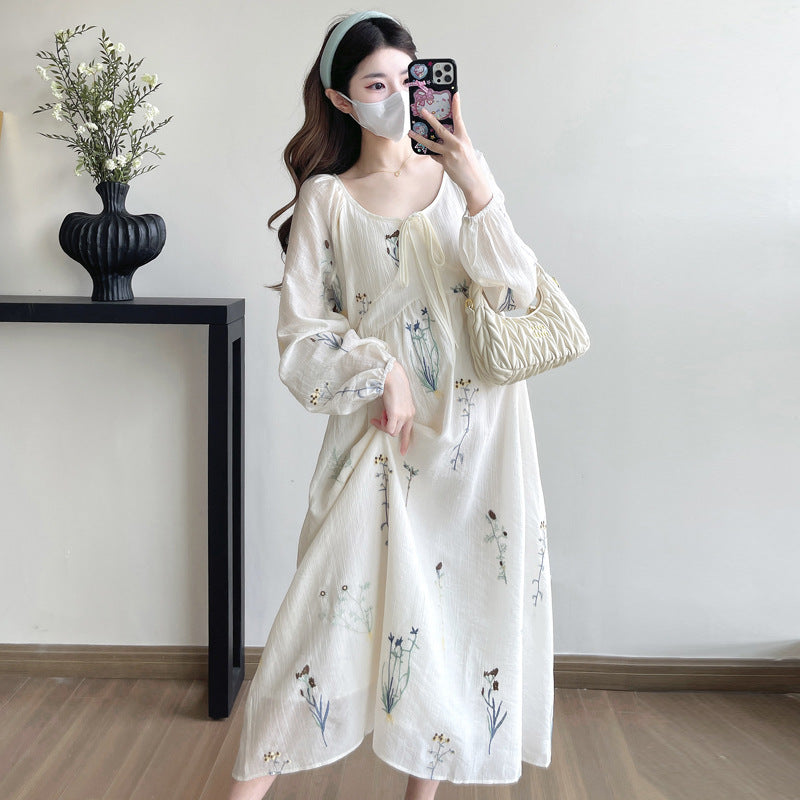 Spring 2025 new French flower heavy embroidery temperament waist pregnant women dress