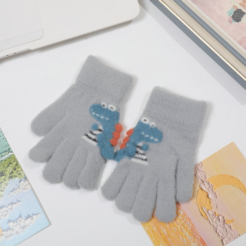 Winter Children's Gloves Cute Student Cartoon Little Dinosaur Warm Gloves Five-Finger Knitted Gloves for Baby Boys and Girls