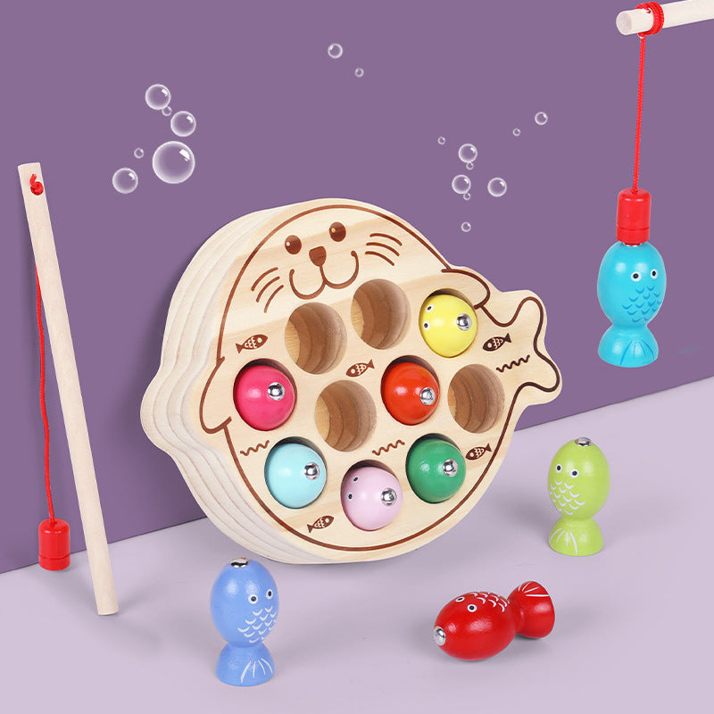 Wooden Ball Kidsren's Wooden Magnetic Kitten Fishing Game Pretend Play Magnetic Early Education Baby Toy Fishing Rod