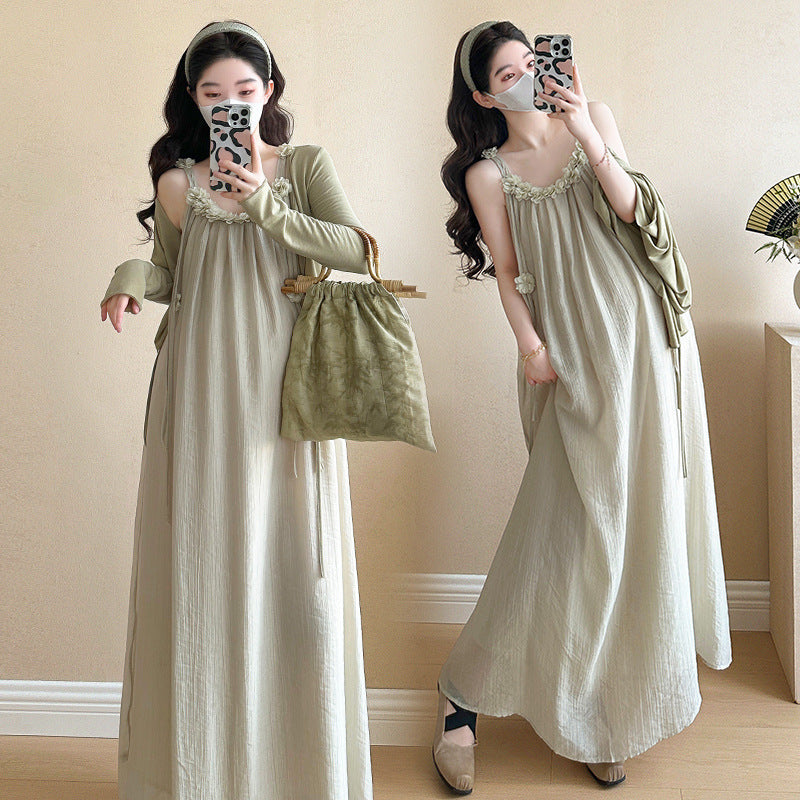 Maternity summer dress 2025 new pregnant mother wear plus size suspenders skirt suit fashion fashion
