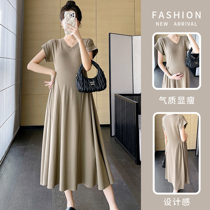 dress Maternity Summer Women's Online Celebrity V-neck Fashionable Temperament Girdle Slimming Belly Covering A- line dress Maternity