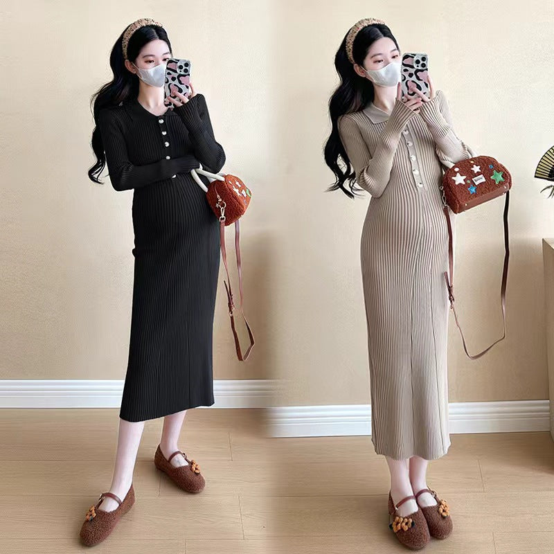 Internet Celebrity Maternity Dress Fashion Elegant Slimming Mid-length Knitted New Solid Color Lapp Fashion Pregnant Women dress