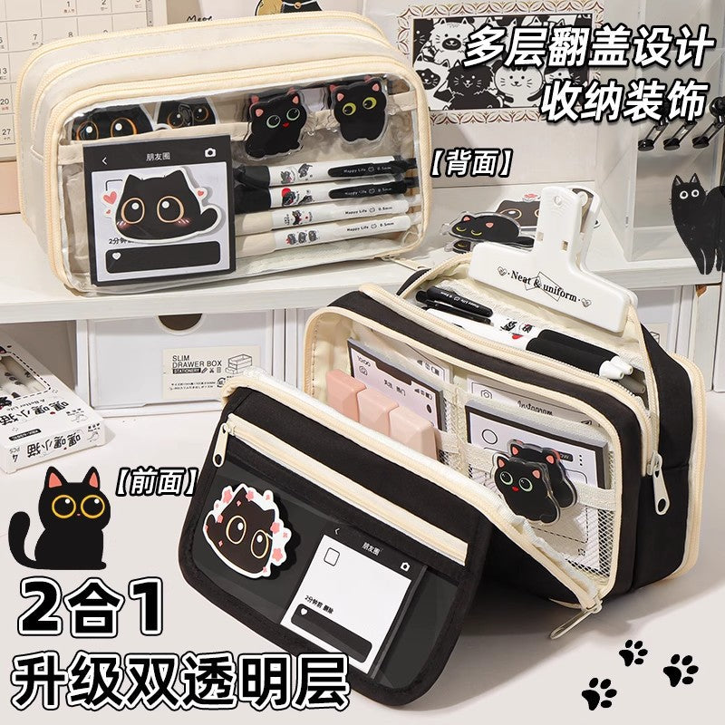 Cat Pencil Case, High Aesthetic Value, Large Capacity, Ins-Style Transparent Korean Version Storage Bag, Cool Black Style Stationery Bag for Study and Office Use