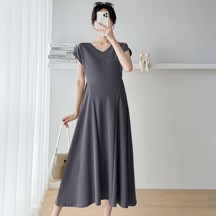 Maternity dress Summer Wear Slimming Elegant V-neck Skirt Summer 2025 New Short-sleeved Long Skirt