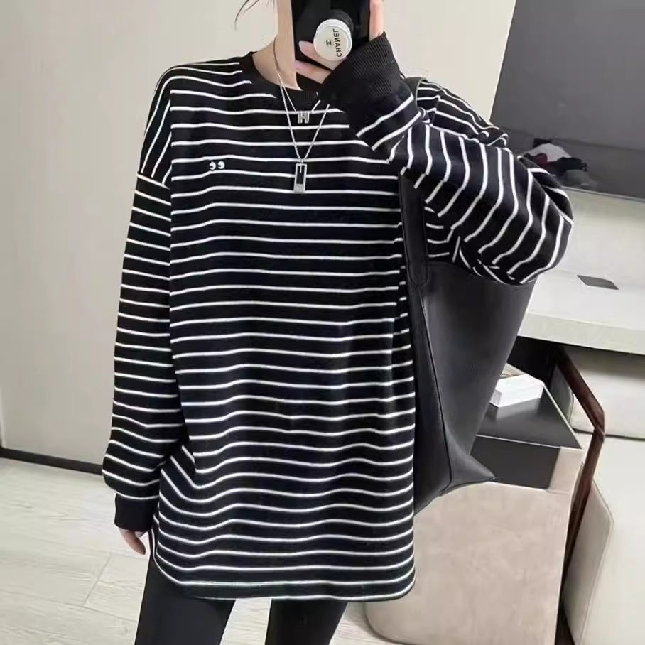Maternity's Autumn and Winter Thickened Striped Loose Long-sleeved T-shirt Top 2024 Autumn and Winter New Split Hip Covering Base Shirt