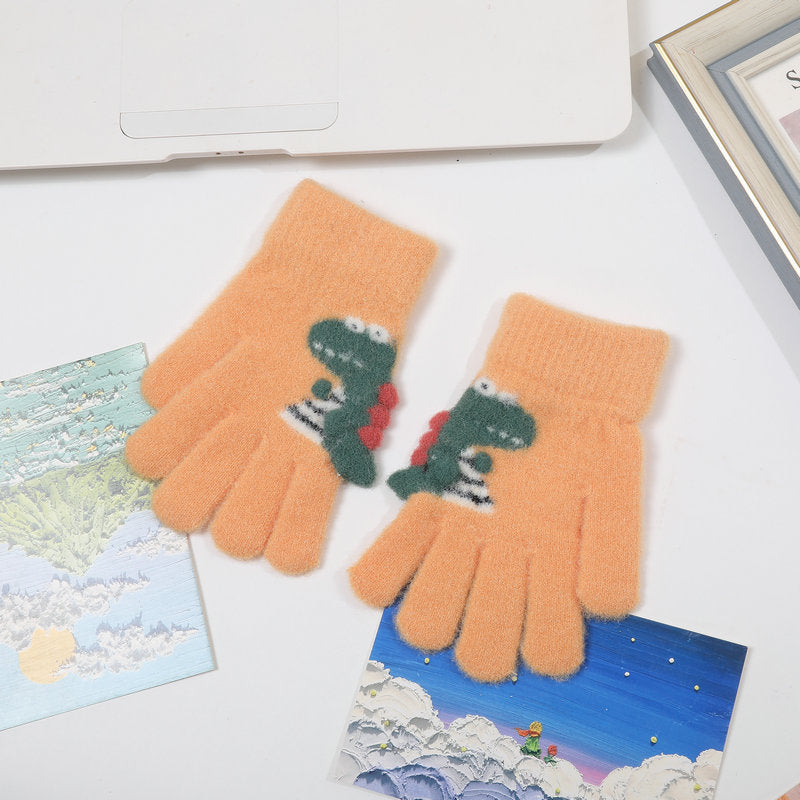 Winter Children's Gloves Cute Student Cartoon Little Dinosaur Warm Gloves Five-Finger Knitted Gloves for Baby Boys and Girls