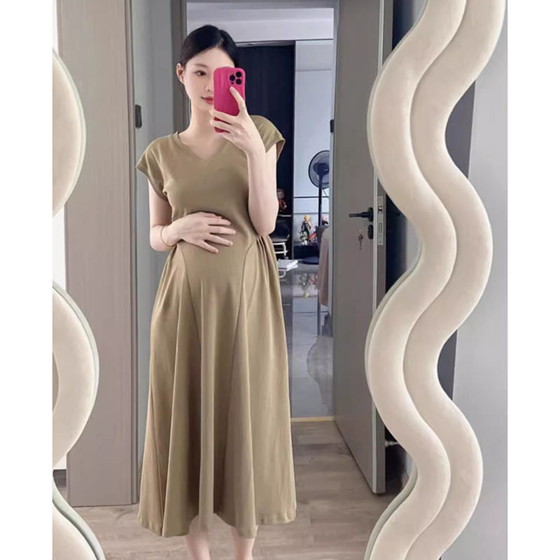 Maternity dress Summer Wear Slimming Elegant V-neck Skirt Summer 2025 New Short-sleeved Long Skirt