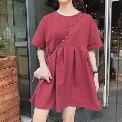 Maternity dress 2025 Summer Korean Loose plus size Slimming Sweet Short Sleeve Retro Long A- line Dress